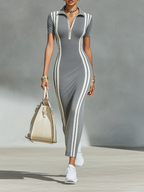 Graues Stretch-Maxikleid für Damen mit Reißverschluss-Kragen &amp; seitlichen Streifen