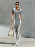 Graues Stretch-Maxikleid für Damen mit Reißverschluss-Kragen &amp; seitlichen Streifen