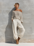 Women's Shimmer Knit Off Shoulder Batwing Sleeve Loose Top White Elastic Cuff Wide Leg Jogger Pants Two Piece Set MDZ1623G3YZJ