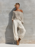 Women's Shimmer Knit Off Shoulder Batwing Sleeve Loose Top White Elastic Cuff Wide Leg Jogger Pants Two Piece Set MDZ1623G3YZJ