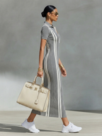 Graues Stretch-Maxikleid für Damen mit Reißverschluss-Kragen &amp; seitlichen Streifen