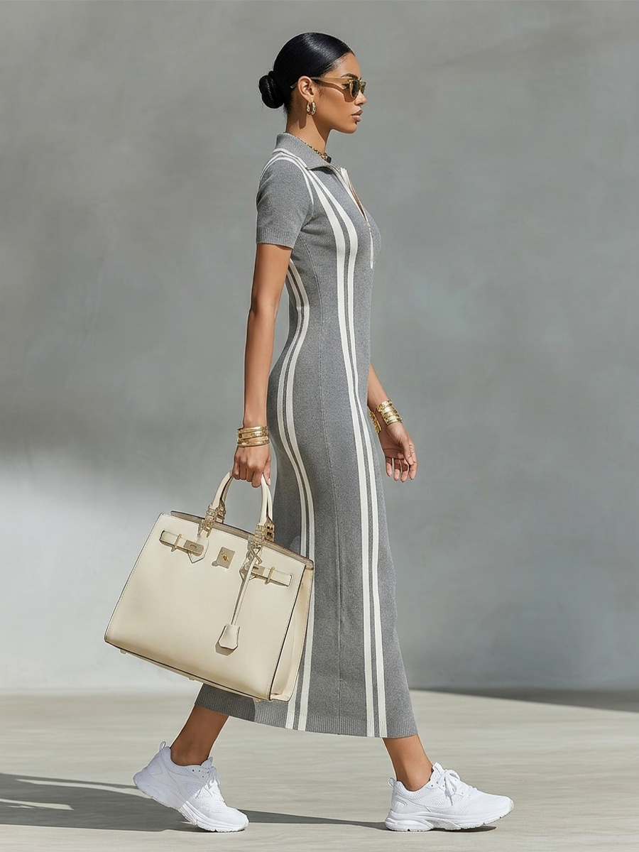 Graues Stretch-Maxikleid für Damen mit Reißverschluss-Kragen &amp; seitlichen Streifen