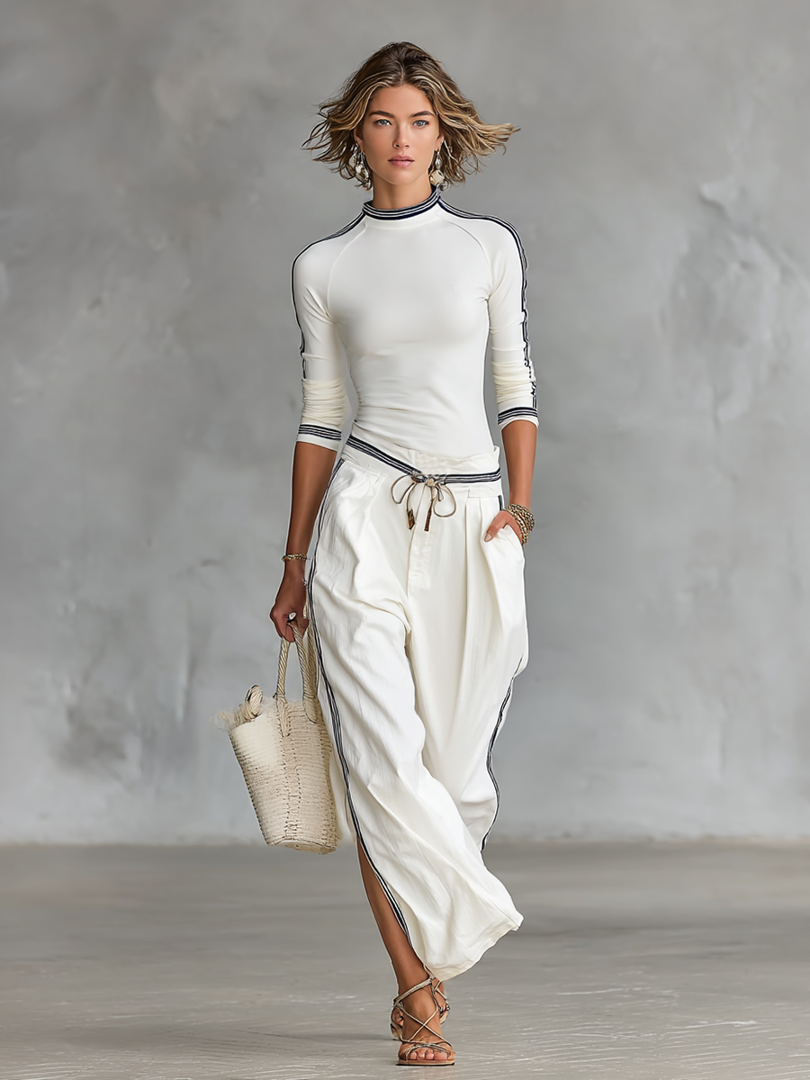 Sportliches Zweiteiler-Set für Damen – Langarmshirt mit Stehkragen &amp; Wide-Leg-Hose mit Kordelzug