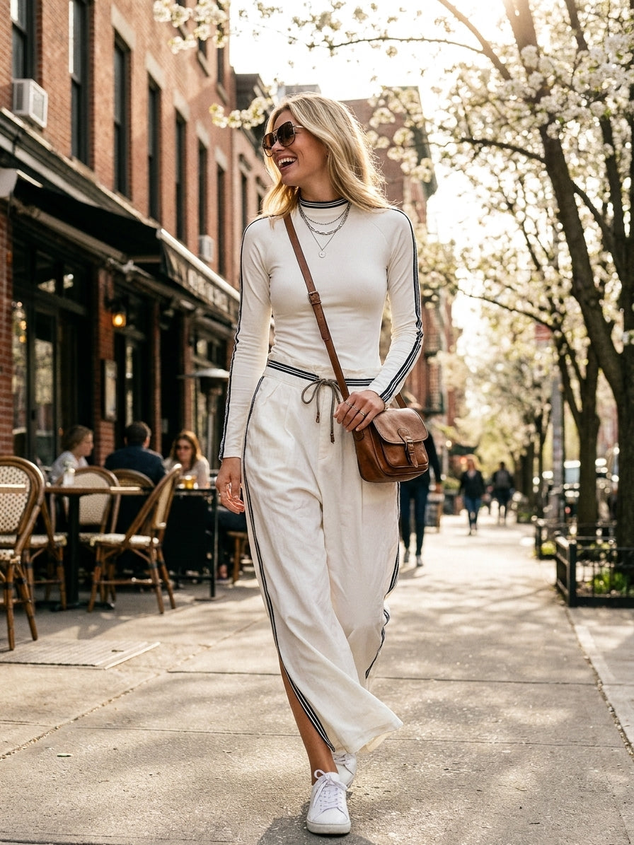 Sportliches Zweiteiler-Set für Damen – Langarmshirt mit Stehkragen &amp; Wide-Leg-Hose mit Kordelzug
