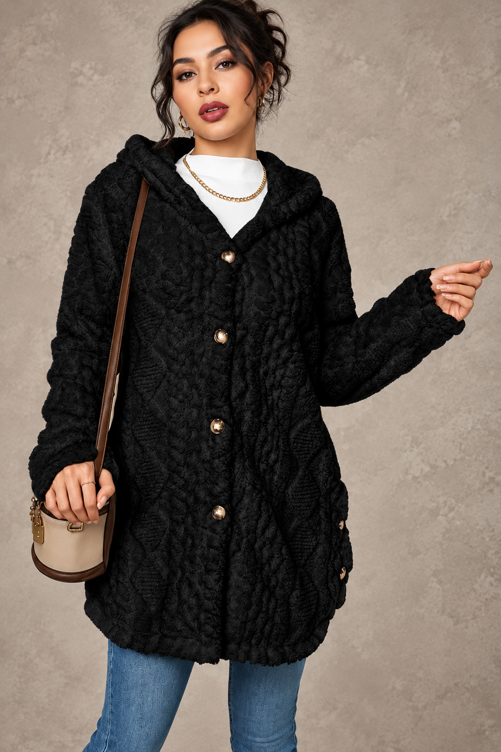 Damen-Teddyfleece-Strickjacke in langer Passform mit Zopfmuster und Kapuze