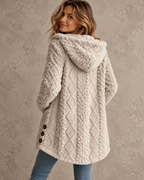 Damen-Teddyfleece-Strickjacke in langer Passform mit Zopfmuster und Kapuze