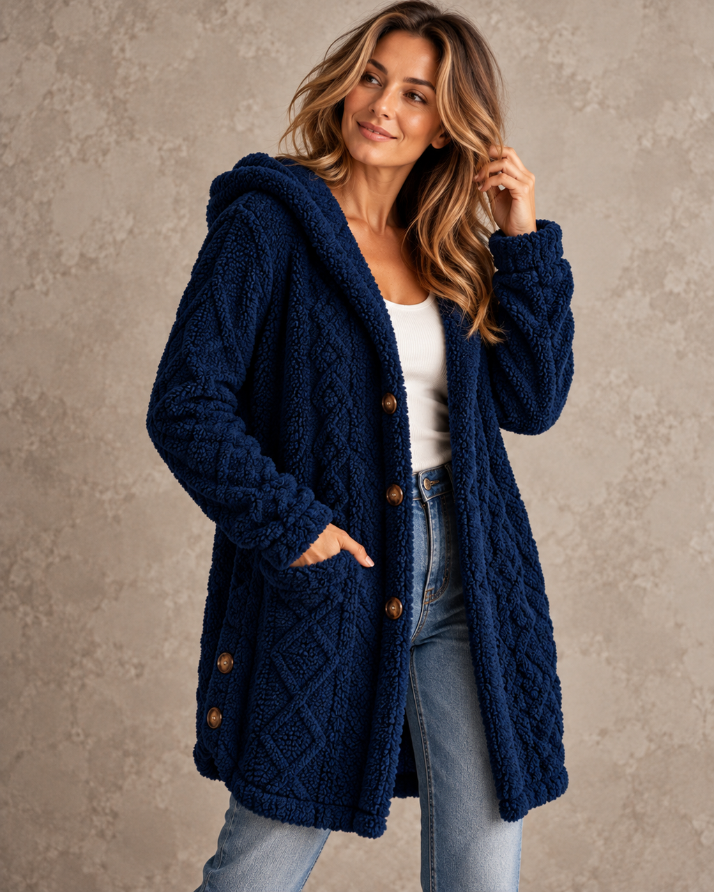 Damen-Teddyfleece-Strickjacke in langer Passform mit Zopfmuster und Kapuze