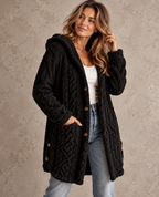 Damen-Teddyfleece-Strickjacke in langer Passform mit Zopfmuster und Kapuze