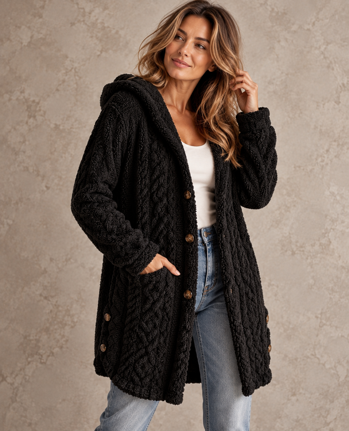 Damen-Teddyfleece-Strickjacke in langer Passform mit Zopfmuster und Kapuze