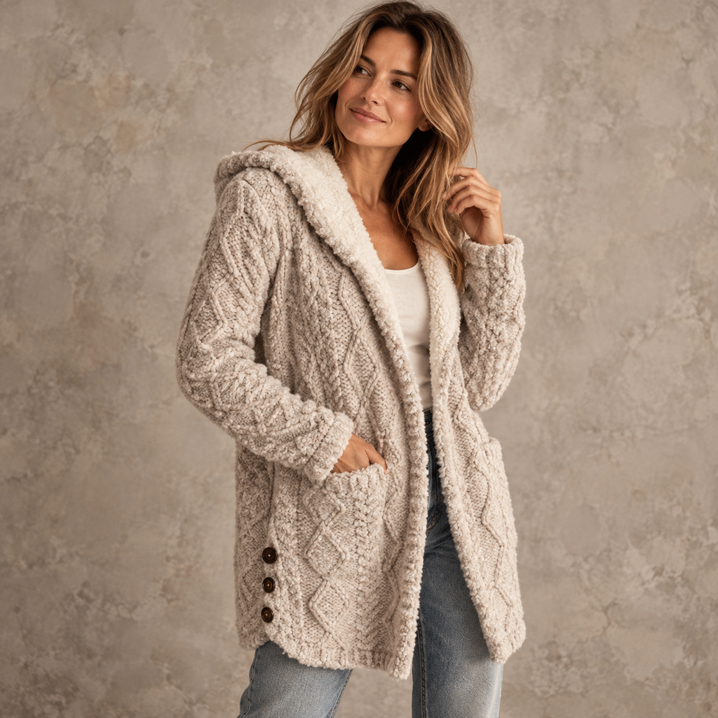 Damen-Teddyfleece-Strickjacke in langer Passform mit Zopfmuster und Kapuze