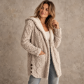 Damen-Teddyfleece-Strickjacke in langer Passform mit Zopfmuster und Kapuze