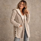 Damen-Teddyfleece-Strickjacke in langer Passform mit Zopfmuster und Kapuze