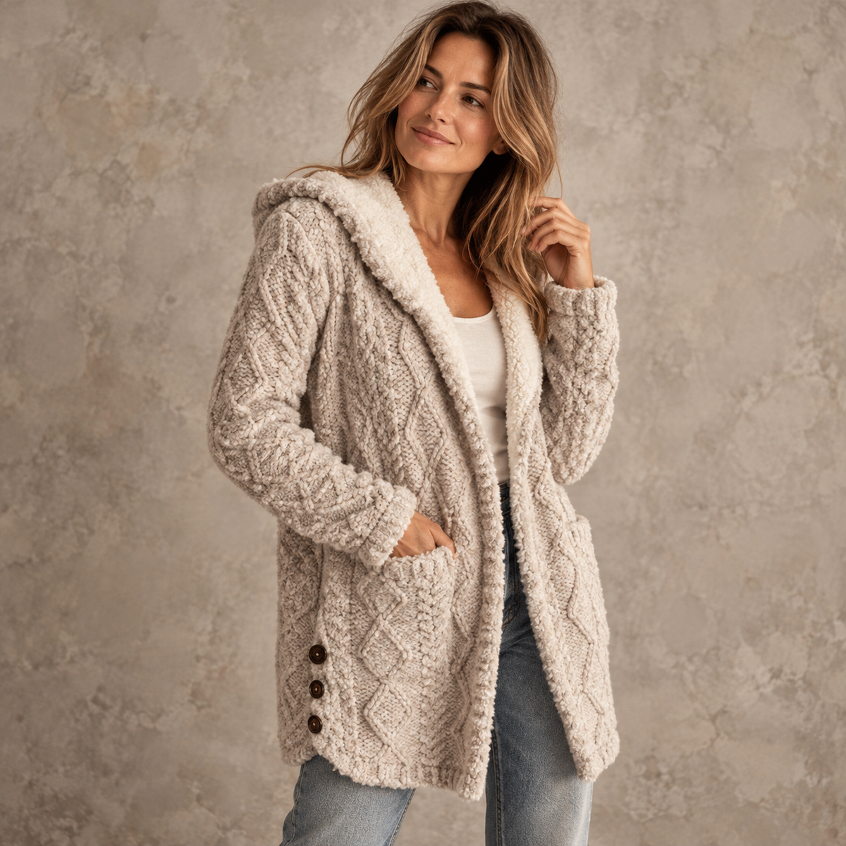 Damen-Teddyfleece-Strickjacke in langer Passform mit Zopfmuster und Kapuze