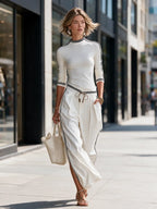 Sportliches Zweiteiler-Set für Damen – Langarmshirt mit Stehkragen &amp; Wide-Leg-Hose mit Kordelzug
