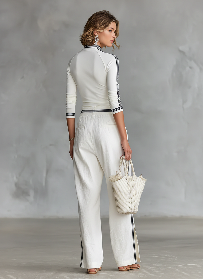 Sportliches Zweiteiler-Set für Damen – Langarmshirt mit Stehkragen &amp; Wide-Leg-Hose mit Kordelzug