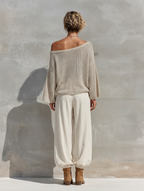 Women's Shimmer Knit Off Shoulder Batwing Sleeve Loose Top White Elastic Cuff Wide Leg Jogger Pants Two Piece Set MDZ1623G3YZJ