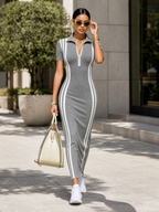 Graues Stretch-Maxikleid für Damen mit Reißverschluss-Kragen &amp; seitlichen Streifen