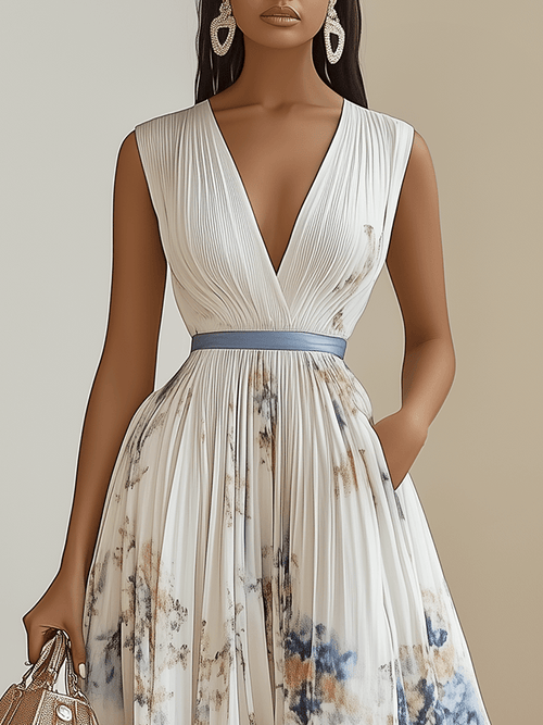 Chloe | Weißes Floral Chiffon V-Ausschnitt Plissee Midi-Kleid