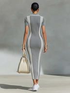 Graues Stretch-Maxikleid für Damen mit Reißverschluss-Kragen &amp; seitlichen Streifen