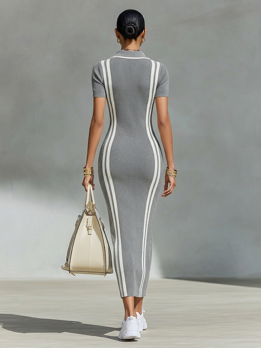 Graues Stretch-Maxikleid für Damen mit Reißverschluss-Kragen &amp; seitlichen Streifen